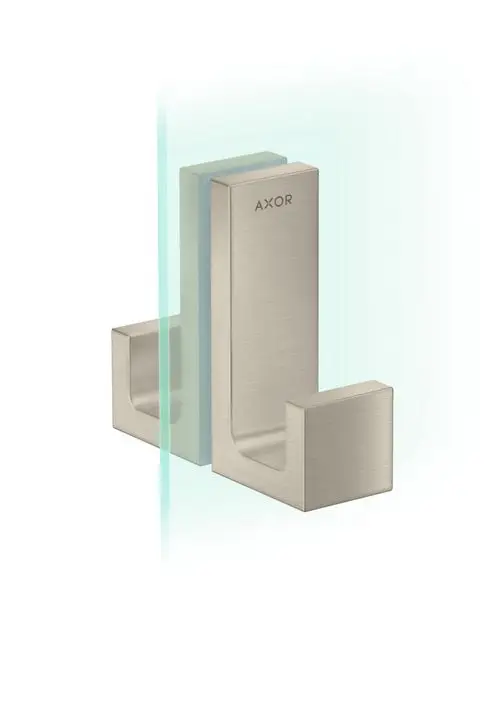 Duschtürgriff aus gebürstetem Nickel von AXOR, rechteckige Form mit zwei Halterungen, die eine Glasscheibe fixieren. Eignet sich für moderne Badezimmerinstallationen.